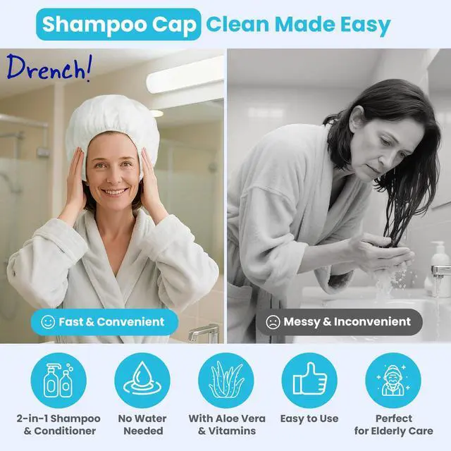 Alt view image 2 of 7 - Shampoo Caps No Rinse - Waterless Shampoo Cap and Conditioner - Dry Hair Wash Caps for Elderly or Bedridden - Contains Aloe Vera, Vitamin E and Provitamin B5-6 Counts