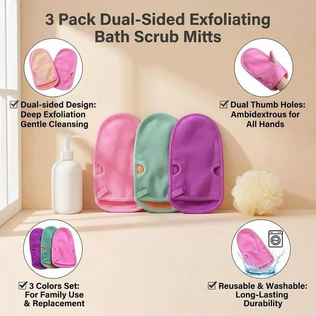 Alt view image 3 of 7 - 3PCS Bathing Mittens Shower Soft Skin Care Face Body Wash Massage Spa Mitt for Adult and Kids(Color Random)