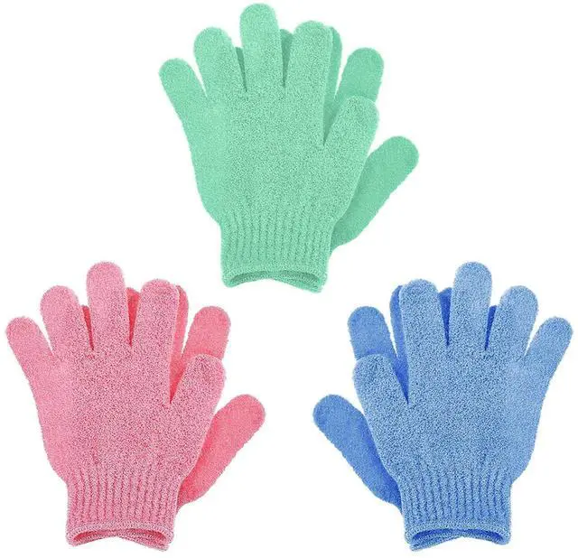 Main image of 3 Pair Bath Gloves for Shower Natural Loofah Exfoliating Wash Gloves for Body and Face, Dead Skin Remover, Double Sided Microfibre Shower Body Gloves for Adults and Kids