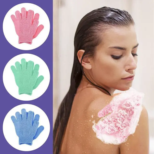 Alt view image 3 of 7 - 3 Pair Bath Gloves for Shower Natural Loofah Exfoliating Wash Gloves for Body and Face, Dead Skin Remover, Double Sided Microfibre Shower Body Gloves for Adults and Kids