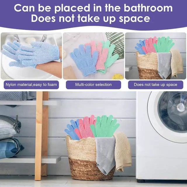 Alt view image 4 of 7 - 3 Pair Bath Gloves for Shower Natural Loofah Exfoliating Wash Gloves for Body and Face, Dead Skin Remover, Double Sided Microfibre Shower Body Gloves for Adults and Kids