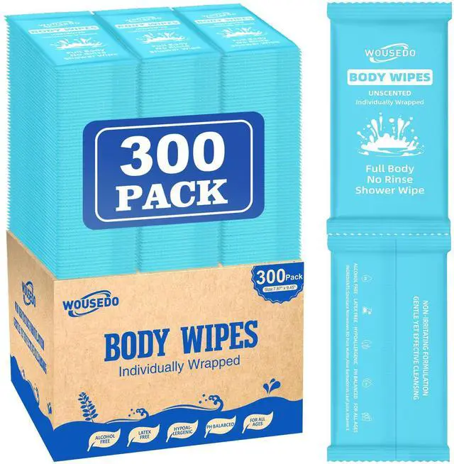 Main image of 300 Pcs Ultra Thick Soft Large Body Wipes Individually Wrapped(7.87" x 9.45"),Shower Wipes for Adults Bathing No Rinse,Personal Cleansing Wipes for Travel Gym,Bulk Deodorant for Homeless(Blue)