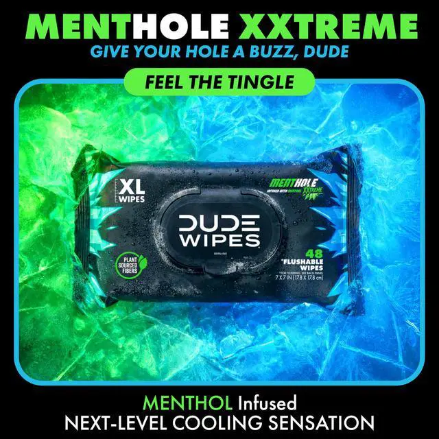 Alt view image 2 of 7 - MentHOLE XXtreme Flushable Wipes - Menthol Infused Extra-Large Adult Wet Wipes - 3 Pack (144 Count) - Infused with Menthol for a Cooling Sensation - Septic and Sewer Safe