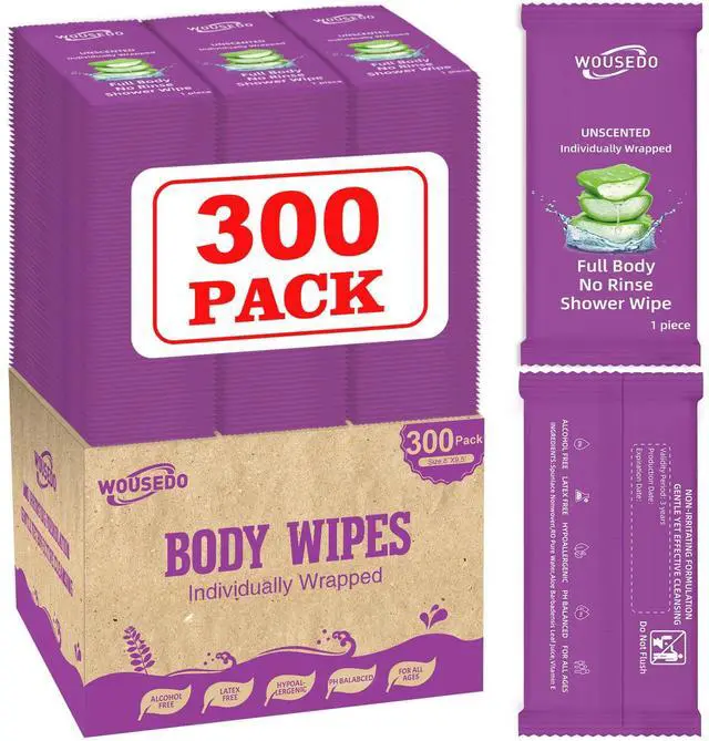 Main image of 300 Pack Body Wipes Individually Wrapped(8" x 9.5"),Shower Wipes for Adults Bathing No Rinse,Personal Cleansing Wipes for Travel Gym,Bulk Deodorant for Homeless