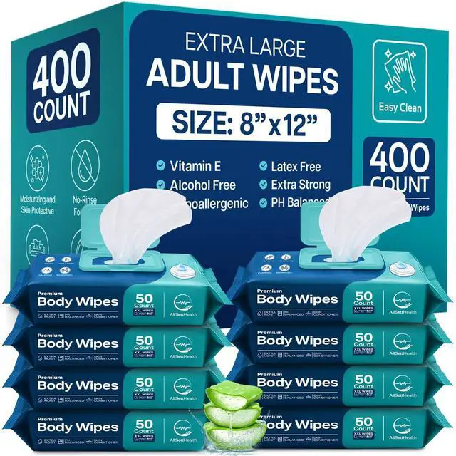 Main image of Body Wipes for Adults Bathing No Rinse - Adult Wipes for Elderly 8"x 12"(400 count) Shower for Adults No Rinse, Incontinence Disposable Washcloths, Aloe Vera, Vitamin E