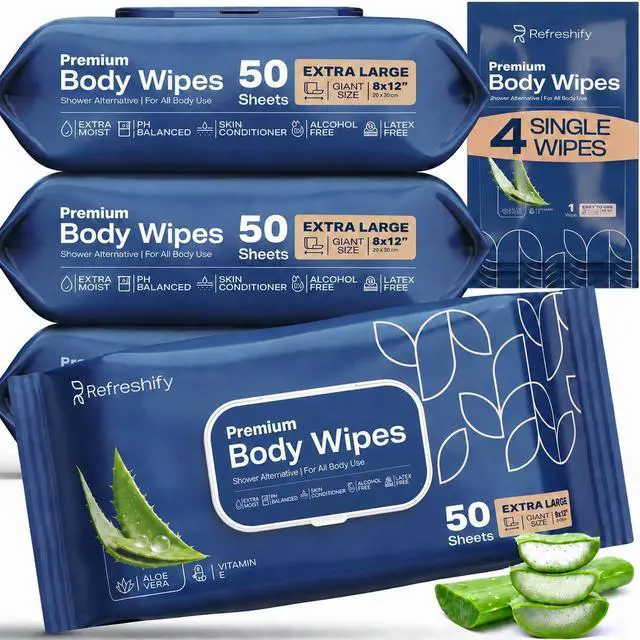 Main image of 200 XL Body Wipes for Adults Bathing No Rinse, XL Shower Wipes and Disposable Washcloths, Wipes for Adults, Adult Wipes for Elderly Care and Recovery, Travel Wipes Included, 8"x 12"