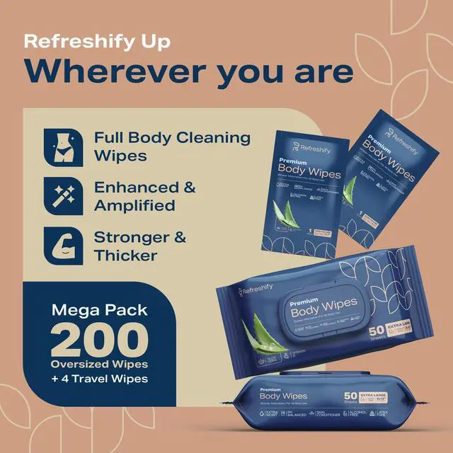 Alt view image 3 of 7 - 200 XL Body Wipes for Adults Bathing No Rinse, XL Shower Wipes and Disposable Washcloths, Wipes for Adults, Adult Wipes for Elderly Care and Recovery, Travel Wipes Included, 8"x 12"