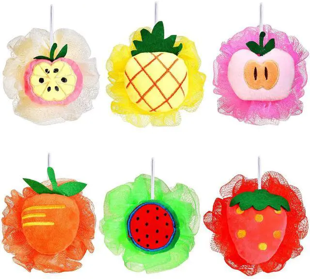 Main image of 6 Pieces Cute Fruit Bath Shower Sponge Loofahs Mesh Pouf Shower Ball Colorful Cartoon Body Scrubber Balls Shower Mesh for Adults
