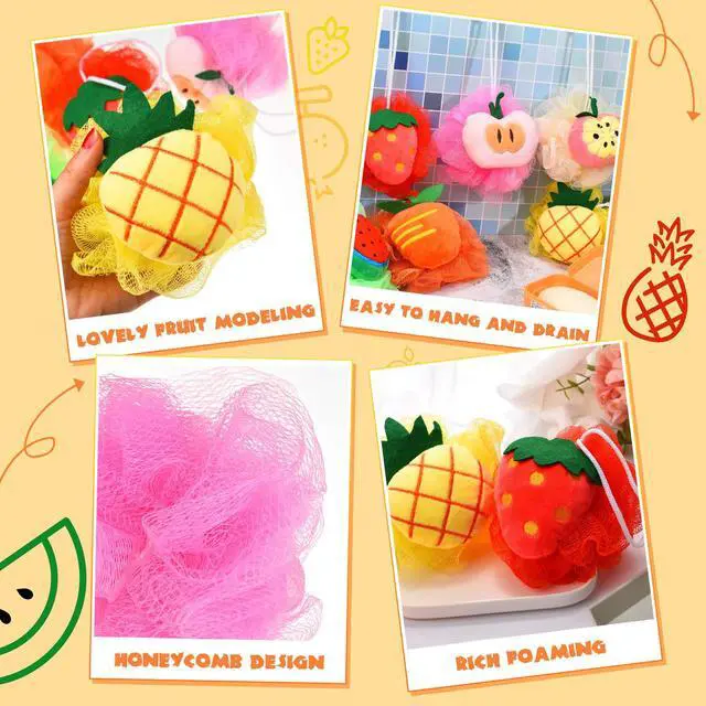 Alt view image 3 of 7 - 6 Pieces Cute Fruit Bath Shower Sponge Loofahs Mesh Pouf Shower Ball Colorful Cartoon Body Scrubber Balls Shower Mesh for Adults