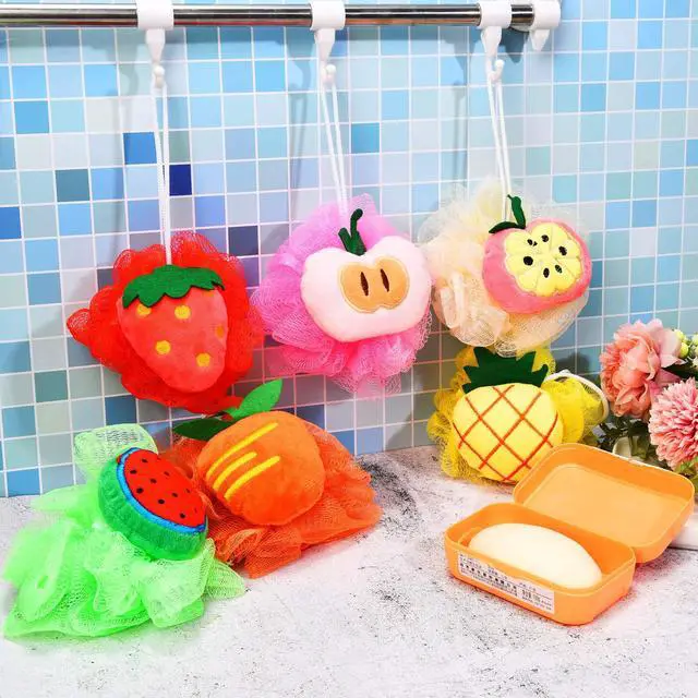 Alt view image 6 of 7 - 6 Pieces Cute Fruit Bath Shower Sponge Loofahs Mesh Pouf Shower Ball Colorful Cartoon Body Scrubber Balls Shower Mesh for Adults