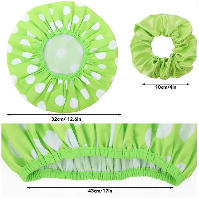 Alt view image 2 of 6 - 2 Packs Large Shower Caps for Women, Reusable Waterproof Shower Cap Bath Caps with Hair Scrunchies for Long Thick Hair (Cyan/Yellow)