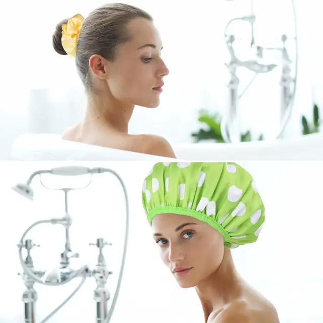 Alt view image 3 of 6 - 2 Packs Large Shower Caps for Women, Reusable Waterproof Shower Cap Bath Caps with Hair Scrunchies for Long Thick Hair (Cyan/Yellow)