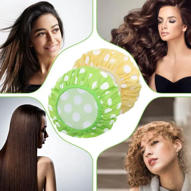 Alt view image 5 of 6 - 2 Packs Large Shower Caps for Women, Reusable Waterproof Shower Cap Bath Caps with Hair Scrunchies for Long Thick Hair (Cyan/Yellow)