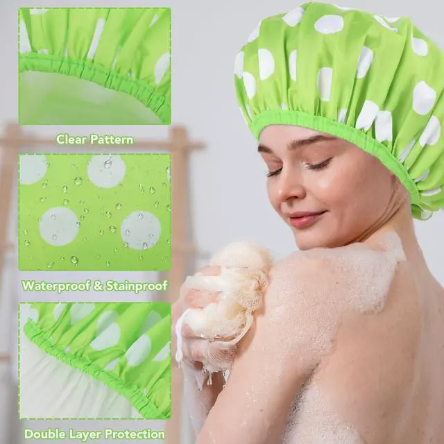 Alt view image 4 of 6 - 2 Packs Large Shower Caps for Women, Reusable Waterproof Shower Cap Bath Caps with Hair Scrunchies for Long Thick Hair (Cyan/Yellow)