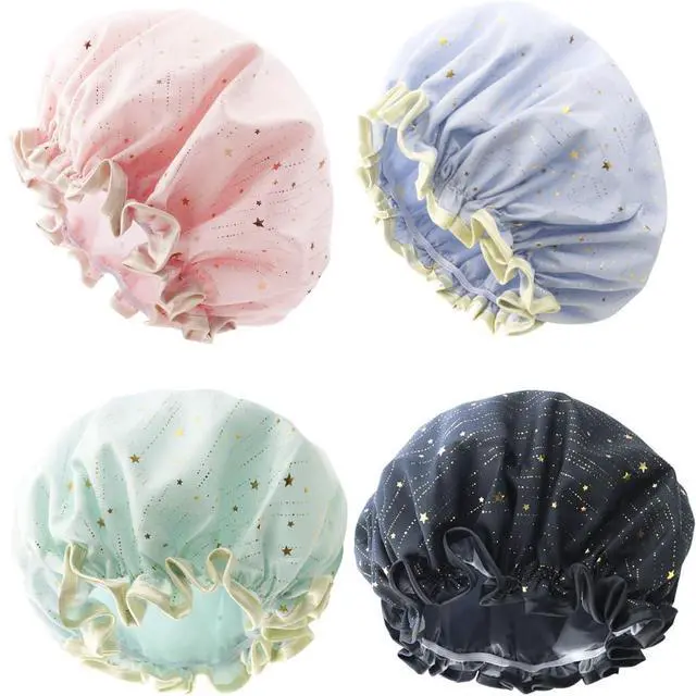 Main image of 4 Pieces Shower Caps for Women, Double layer shower cap, Elastic Reusable Bathing Hair Cap Environmental Protection Hair Bath Caps,PEVA Adult Bathing Cap Bath Hair Cover