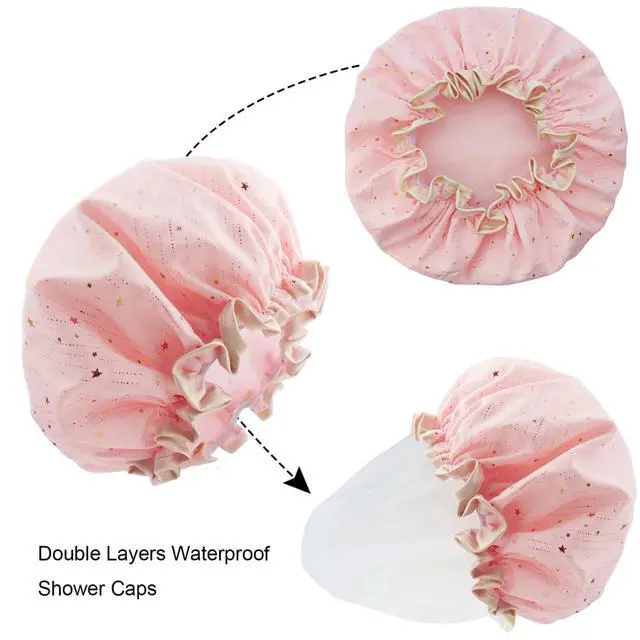 Alt view image 2 of 6 - 4 Pieces Shower Caps for Women, Double layer shower cap, Elastic Reusable Bathing Hair Cap Environmental Protection Hair Bath Caps,PEVA Adult Bathing Cap Bath Hair Cover
