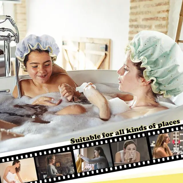 Alt view image 6 of 6 - 4 Pieces Shower Caps for Women, Double layer shower cap, Elastic Reusable Bathing Hair Cap Environmental Protection Hair Bath Caps,PEVA Adult Bathing Cap Bath Hair Cover
