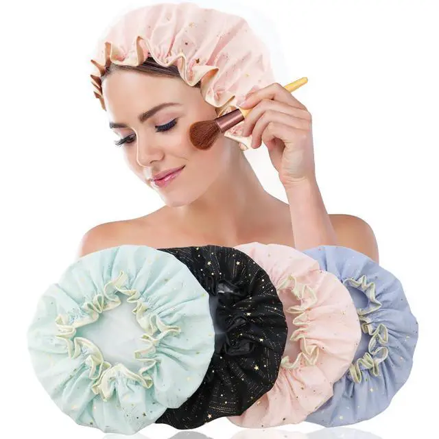 Alt view image 3 of 6 - 4 Pieces Shower Caps for Women, Double layer shower cap, Elastic Reusable Bathing Hair Cap Environmental Protection Hair Bath Caps,PEVA Adult Bathing Cap Bath Hair Cover