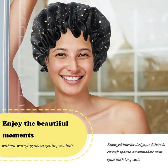 Alt view image 5 of 6 - 4 Pieces Shower Caps for Women, Double layer shower cap, Elastic Reusable Bathing Hair Cap Environmental Protection Hair Bath Caps,PEVA Adult Bathing Cap Bath Hair Cover
