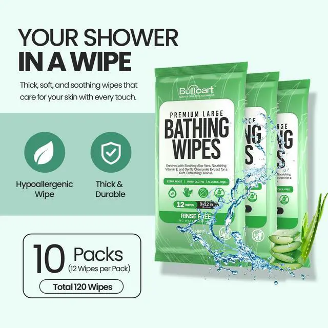 Alt view image 3 of 7 - 10 Pack, 120 XL Body Wipes for Adults Bathing No Rinse, Bathing Wipes with Aloe, Disposable Cleansing Cloths for Women Men & Elderly, Camping & Travel Essentials, Shower Wipes