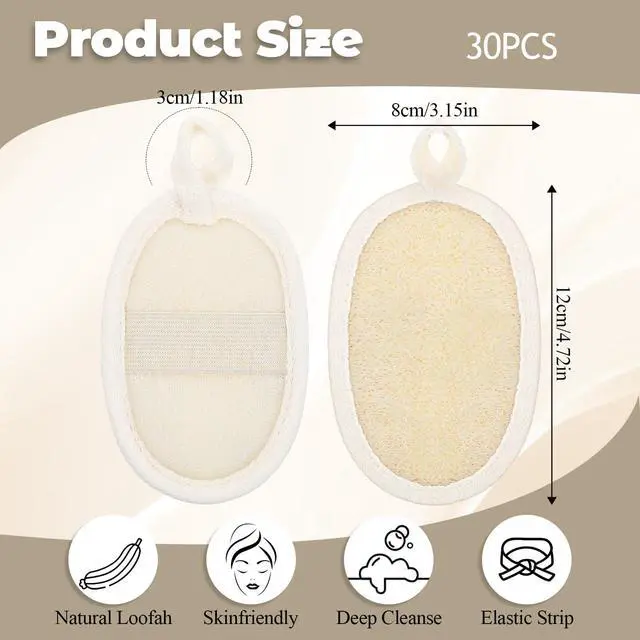 Alt view image 2 of 6 - 30 PCS Loofah Exfoliating, Loofah Natural Bulk with Elastic Band Skin Friendly Face Loofahs Natural Body Scrubbers Shower Exfoliator with Loop for Unisex Adults of All Ages-Beige