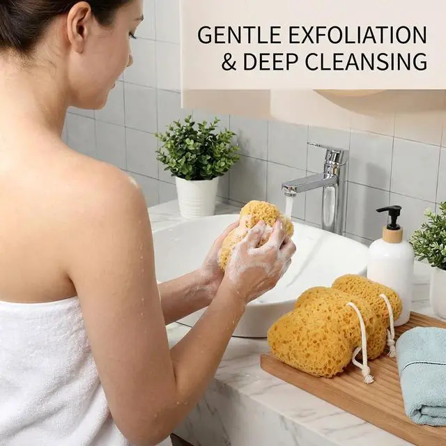Alt view image 6 of 7 - Sea Sponges for Shower, Natural Sea Sponges for Bathing, Gentle Exfoliation for Sensitive Skin, Portable Bath Accessories with Hanging Loops, Set of 3 Sponges 13.5x12.5cm