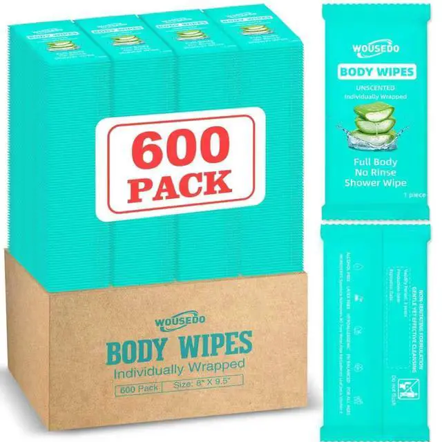Main image of 600 Pack Body Wipes Individually Wrapped(8" x 9.5"), Shower Wipe for Adults Bathing No Rinse,Personal Cleansing Wipes for Travel Gym,Bulk Deodorant for Homeless