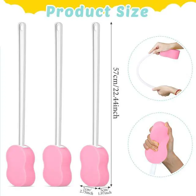 Alt view image 2 of 7 - 3 Pcs Long Handle Bath Sponge 22.4'' Back Sponge on a Stick Lightweight Back Washer Handled Butt Scrubber Shower Brush for Foot Body Cleaning Bathing Limited Motion(Pink)