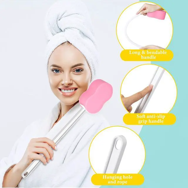 Alt view image 4 of 7 - 3 Pcs Long Handle Bath Sponge 22.4'' Back Sponge on a Stick Lightweight Back Washer Handled Butt Scrubber Shower Brush for Foot Body Cleaning Bathing Limited Motion(Pink)