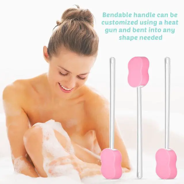 Alt view image 6 of 7 - 3 Pcs Long Handle Bath Sponge 22.4'' Back Sponge on a Stick Lightweight Back Washer Handled Butt Scrubber Shower Brush for Foot Body Cleaning Bathing Limited Motion(Pink)