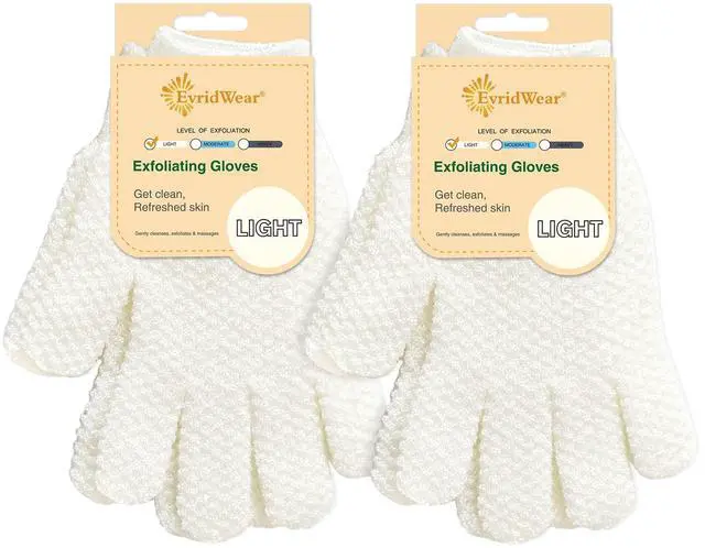 Main image of Exfoliating Dual Texture Bath Gloves for Shower, Spa, Massage and Body Scrubs, Dead Skin Cell Remover, Gloves with Hanging Loop (2 Pairs Light)