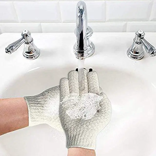Alt view image 4 of 6 - Exfoliating Dual Texture Bath Gloves for Shower, Spa, Massage and Body Scrubs, Dead Skin Cell Remover, Gloves with Hanging Loop (2 Pairs Light)