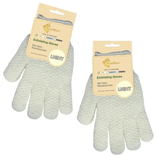Alt view image 6 of 6 - Exfoliating Dual Texture Bath Gloves for Shower, Spa, Massage and Body Scrubs, Dead Skin Cell Remover, Gloves with Hanging Loop (2 Pairs Light)