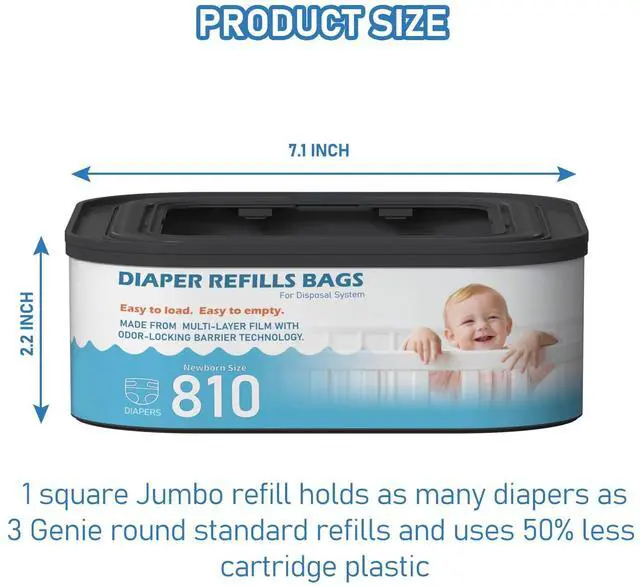 Alt view image 5 of 7 - Jumbo Square Refills Disposal Bags Refill Compatible with Diaper Genie Classic, Compact, Premier and Select Pails, Hold Up to 810 Newborn-Sized Diapers Per Refill, 4 Packs