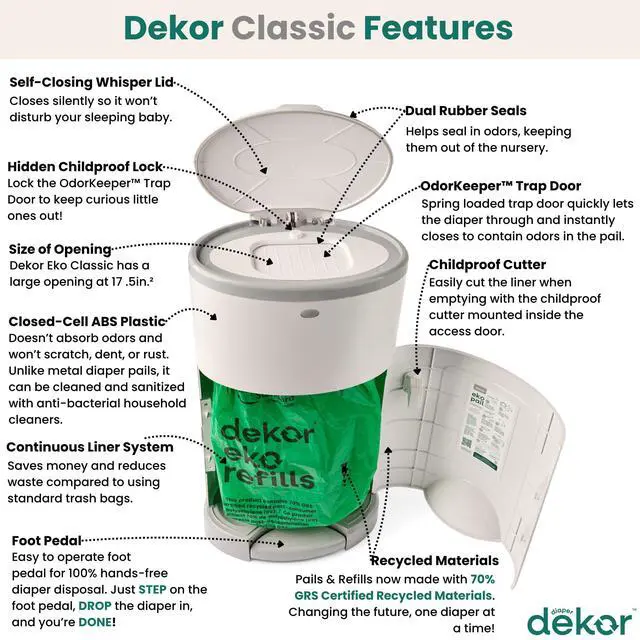 Alt view image 2 of 7 - EKO Classic Diaper Pail, White | ONLY Eco-Friendly Diaper Pail Made with 70% Recycled Materials | Hands-Free: StepDropDone | Cost-Effective Refill System