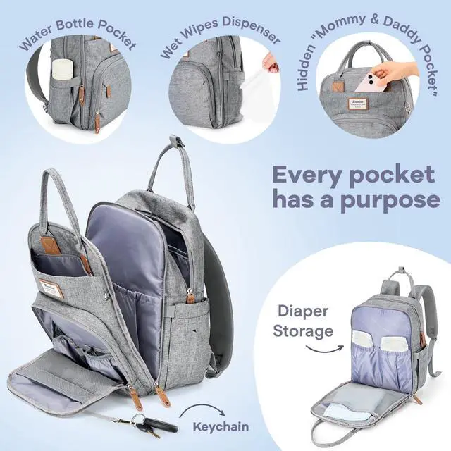 Alt view image 2 of 7 - Diaper Bag Backpack-Multifunction Travel Baby Diaper Bag with Changing Pad, Insulated Bottle Holders & Pacifier Case, Large Capacity, Waterproof, Gray