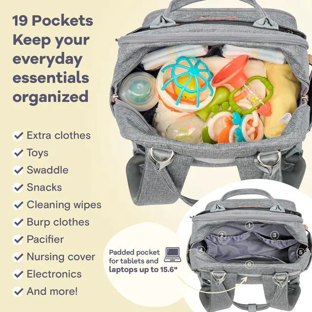 Alt view image 5 of 7 - Diaper Bag Backpack-Multifunction Travel Baby Diaper Bag with Changing Pad, Insulated Bottle Holders & Pacifier Case, Large Capacity, Waterproof, Gray