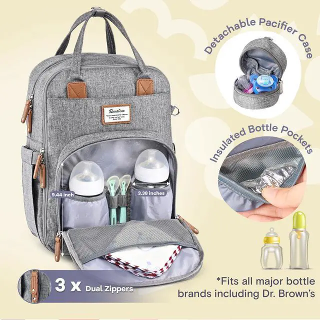 Alt view image 3 of 7 - Diaper Bag Backpack-Multifunction Travel Baby Diaper Bag with Changing Pad, Insulated Bottle Holders & Pacifier Case, Large Capacity, Waterproof, Gray
