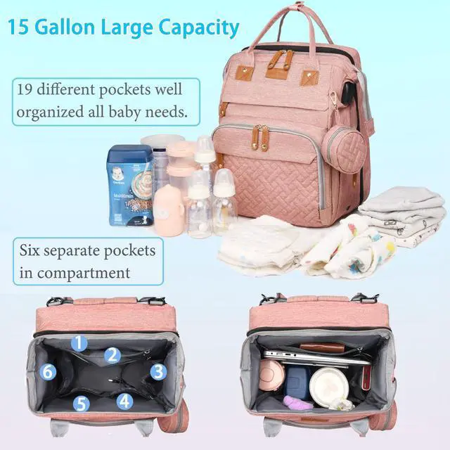 Alt view image 3 of 7 - Baby Diaper Bags with Changing Station, Waterproof Large Capacity Diaper Bag Backpack for Moms Dads with USB Charging Port and Stroller Straps, Baby Shower Gifts, Pink