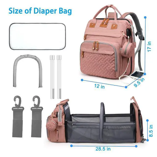 Alt view image 6 of 7 - Baby Diaper Bags with Changing Station, Waterproof Large Capacity Diaper Bag Backpack for Moms Dads with USB Charging Port and Stroller Straps, Baby Shower Gifts, Pink