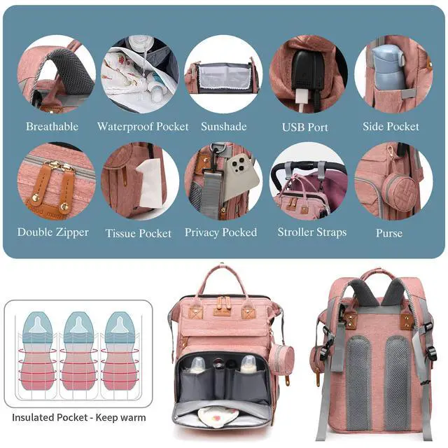 Alt view image 5 of 7 - Baby Diaper Bags with Changing Station, Waterproof Large Capacity Diaper Bag Backpack for Moms Dads with USB Charging Port and Stroller Straps, Baby Shower Gifts, Pink