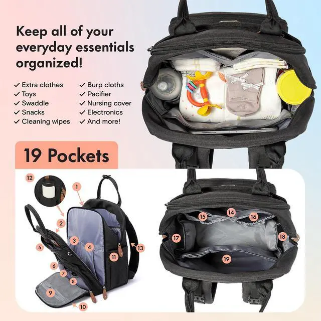 Alt view image 3 of 7 - Diaper Bag Backpack with Portable Changing Pad, Pacifier Case and Stroller Straps, Large Unisex Baby Bags for Boys Girls, Multipurpose Travel Back Pack Moms Dads, Black