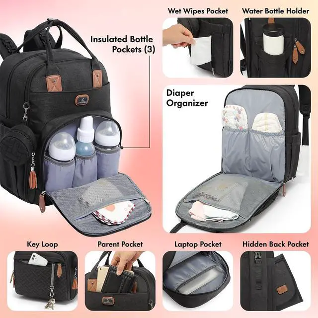 Alt view image 5 of 7 - Diaper Bag Backpack with Portable Changing Pad, Pacifier Case and Stroller Straps, Large Unisex Baby Bags for Boys Girls, Multipurpose Travel Back Pack Moms Dads, Black
