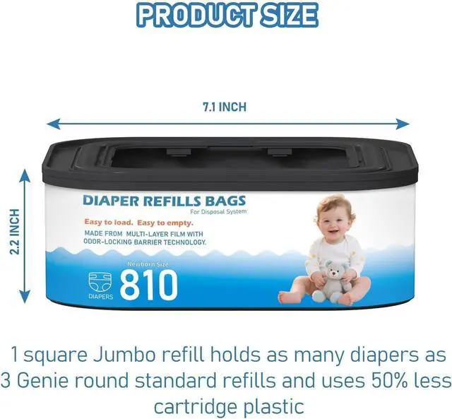 Alt view image 2 of 7 - 4 Packs Jumbo Square Refills Disposal Bags Refill Compatible with Diaper Genie Compact, Select Pails, Classic Version Pail, Hold Up to 810 Newborn-Sized Diapers Per Refill