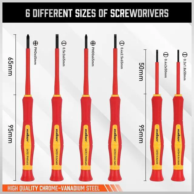 Alt view image 4 of 7 - 1000V 6-Piece Mini Insulated Screwdriver Set, Magnetic Tip Mini Electrician Screwdriver Set Slotted(1.8mm,2.0mm2.5mm,3.0mm), Phillips: (PH00, PH0)
