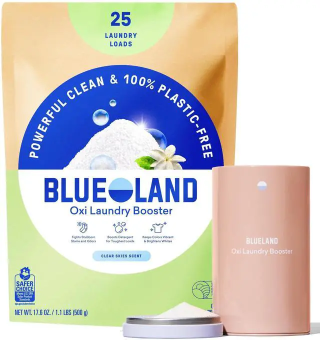 Main image of Oxi Laundry Booster Powder with Tin, Starter Set, Clear Skies Scent, 25 Loads, 17.6 oz, Plastic-Free, Eco Friendly, Oxy Cleaner, Stain Remover