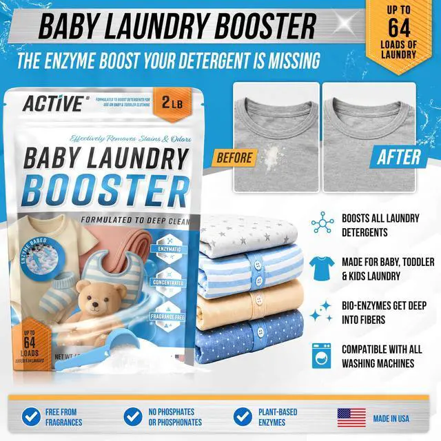 Alt view image 2 of 7 - Baby Laundry Detergent Booster - ACTIVE Enzyme Stain & Odor Remover for Infant, Newborn, Toddler & Kids Clothes, Fragrance Free Sensitive Laundry Soap, 2-lbs Unscented Powder Made in USA - 64 Loads
