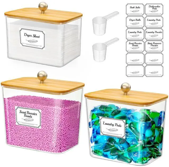 Main image of Laundry Pods Container with Lid, Dryer Sheet Holder, Room Organization Storage for Coffee Pods Kcup Washing Powder, Scent Booster Beads, 2600 +2000ml/0.53+0.7galNatural,3 Pcs