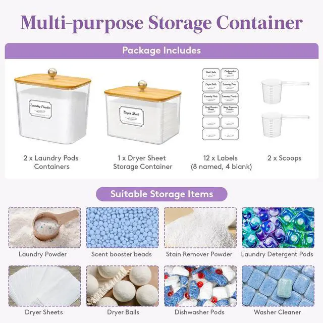 Alt view image 3 of 7 - Laundry Pods Container with Lid, Dryer Sheet Holder, Room Organization Storage for Coffee Pods Kcup Washing Powder, Scent Booster Beads, 2600 +2000ml/0.53+0.7galNatural,3 Pcs