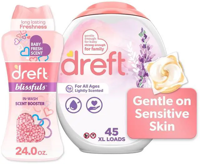 Main image of Laundry Bundle: Dreft Detergent Pacs, Lightly Scented, Lavender, HE Compatible, 45 Count + Dreft Blissfuls In-Wash Scent Booster Beads, Baby Fresh Scent, 24 oz